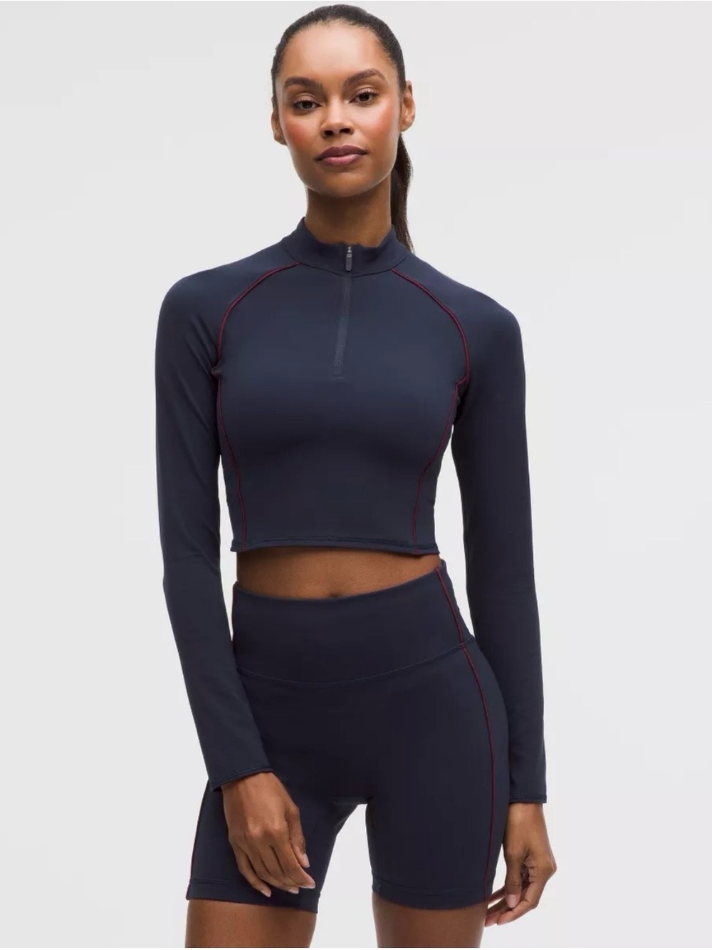 lululemon athletica Navy Cropped Long-Sleeve Half-Zip Top with Red Stitching